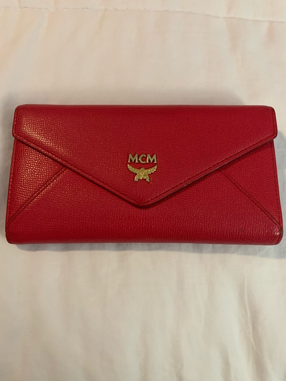 MCM Red Envelope Leather Wallet with Gold Logo